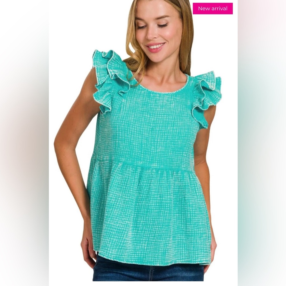 ZENANA• Double Gauze Acid Washed Tiered Ruffle Peplum Top•Turquoise